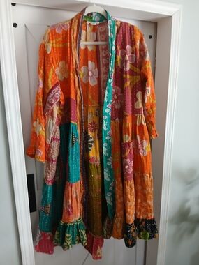 Kantha Bae Boho Patchwork Midi Dress in Orange Multi